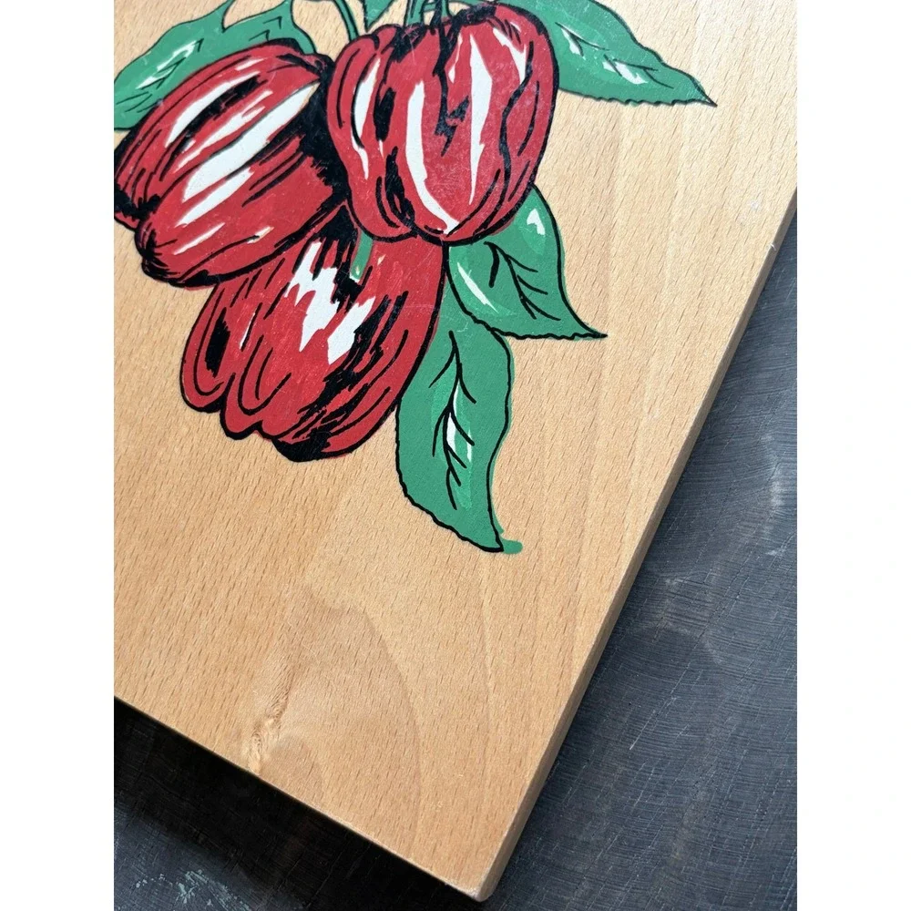 Vintage Wooden Cutting Board Hand Painted Red Bell Pepper Kitchen Decor Handle